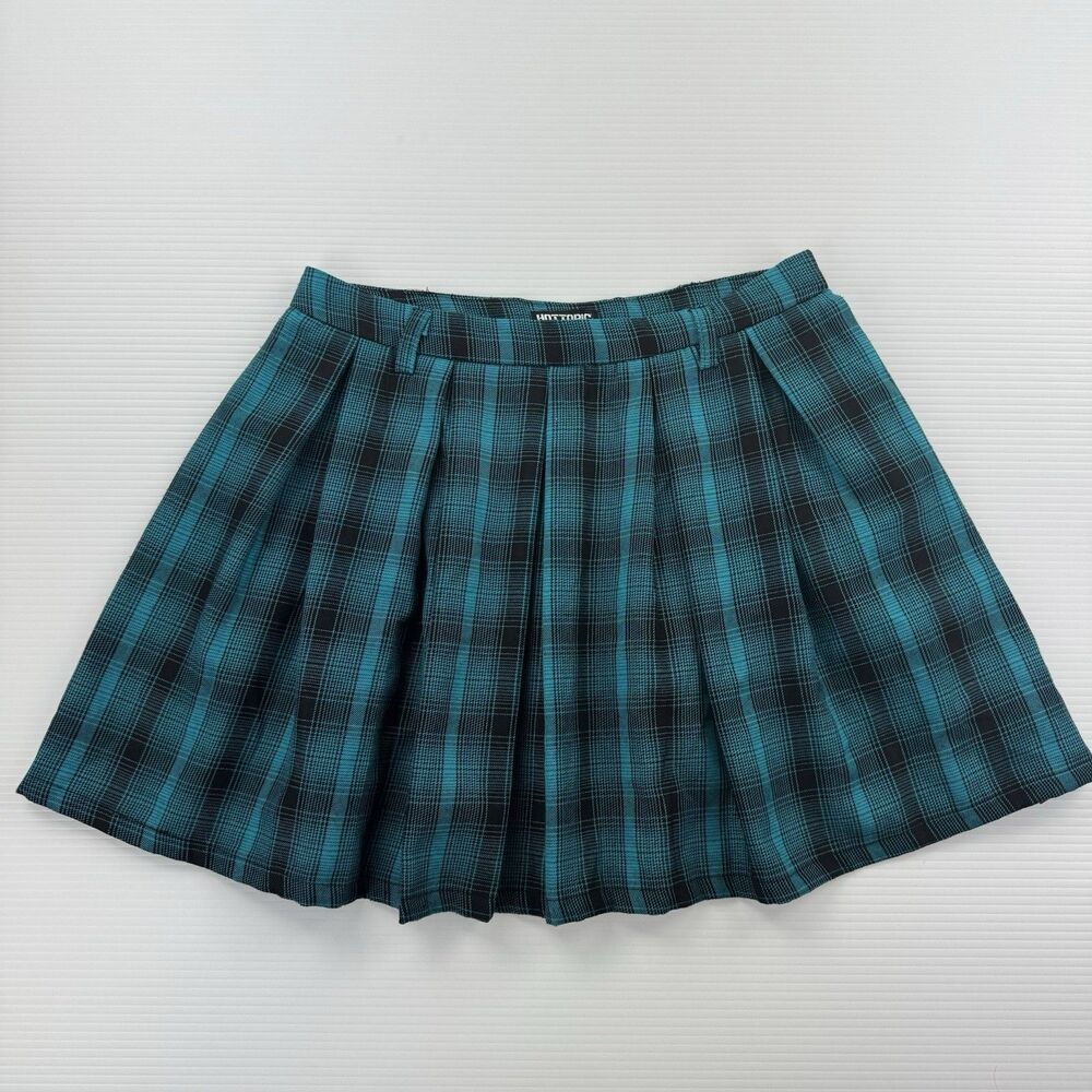 Hot Topic Plaid Pleated Mini Skirt Womens Small Teal Black Gothic Emo